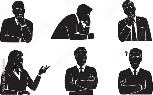 Black Solid Critical Thinking Interview Silhouettes Set of Six on White Background