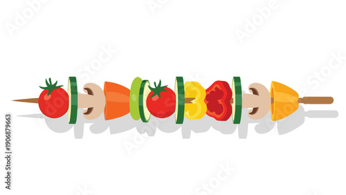 Colorful healthy vegetable skewer illustration featuring ripe tomatoes, crisp cucumbers, earthy mushrooms, sweet carrots, and vibrant bell peppers
