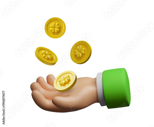 3D illustration of a hand in a green sleeve catching falling golden coins with four-leaf clover engravings. It ideal for St. Patricks Day, luck-themed promotions, or financial and savings concepts.