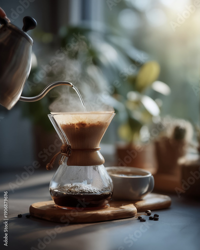 Hot water poured from a gooseneck kettle onto ground coffee in a pour over dripper with paper filter. Manual coffee brewing for specialty coffee and home cafe setups.