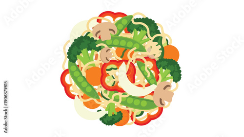 A visually appealing illustration of a fresh and healthy vegetable stir-fry with noodles in a vibrant flat design style