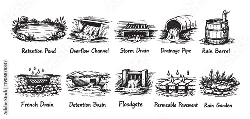 Illustration showcasing various stormwater management systems, including retention ponds, rain barrels, and permeable pavement. Use for engineering, environmental, and educational materials related