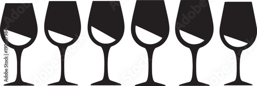Black Solid Cut-Out Wine Glasses Silhouettes Set of Six on White Background