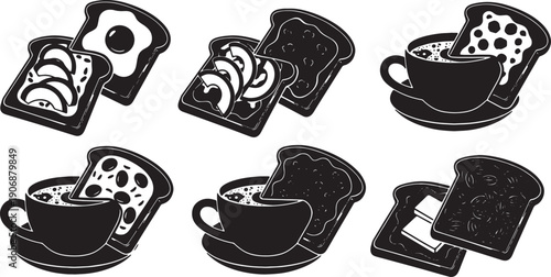Black Solid Coffee Cup with Toasts Silhouettes Set of Six on White Background