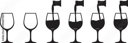 Black Solid Pouring Wine Glasses Silhouettes Set of Six on White Background