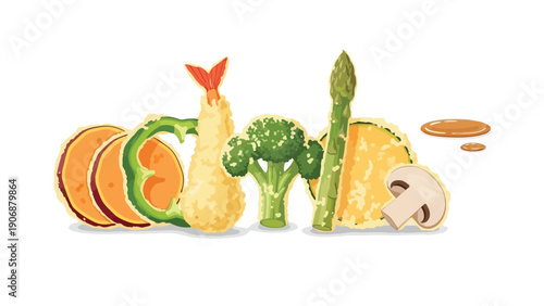 A vibrant illustration of classic Japanese tempura, featuring a crispy assortment of seafood and fresh vegetables.