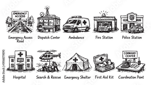 Hand-drawn illustration showing various emergency services including fire, police, hospital, ambulance, search and rescue, emergency access and a coordination point.