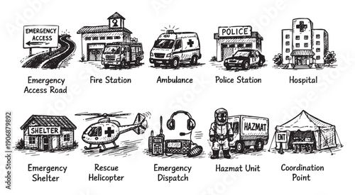 Hand-drawn style illustration depicts various emergency response units, stations, and locations. Useful for educational materials or presentations about emergency preparedness.