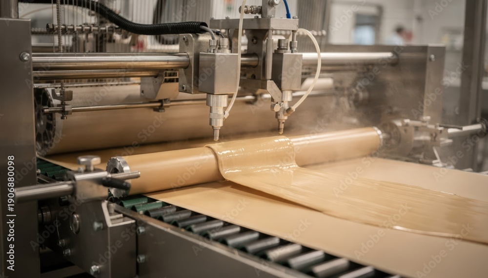 Fototapeta premium Medium shot of machinery applying greaseresistant biocoatings made from renewable resources showcasing innovation in natural barrier solutions for food packaging safety.