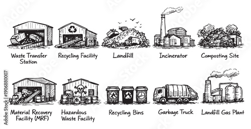 Black and white sketch depicting various industrial facilities, pollution sources, recycling processes and waste disposal. Can be used for environmental awareness, sustainability, and industrial theme