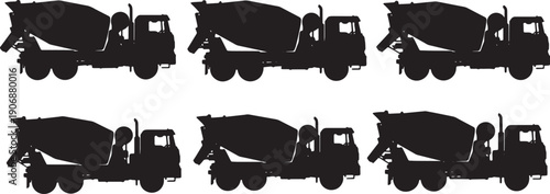 Black Solid Concrete Mixer Truck Silhouettes Set of Six on White Background