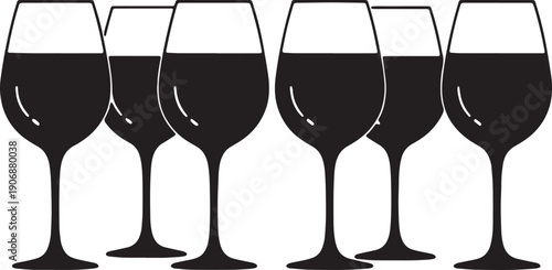 Black Solid Condensed Wine Glasses Silhouettes Set of Six on White Background