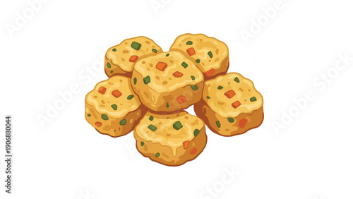 An inviting digital illustration showcasing a delightful arrangement of wholesome, golden-baked square morsels, generously dotted with colorful