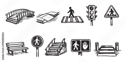 Hand-drawn illustration featuring pedestrian infrastructure elements like bridge, sidewalks, traffic light, signs, and bench. Use for safety campaigns, urban planning, or educational materials.