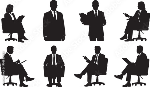 Black Solid Professional Attire Silhouettes Set of Six on White Background