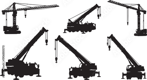 Black Solid Different Types of Construction Crane Silhouettes Set of Six on White Background