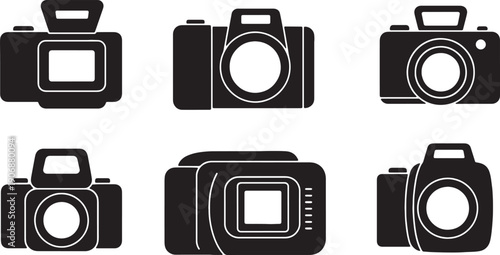 Black Solid Professional Passport Camera Silhouettes Set of Six on White Background