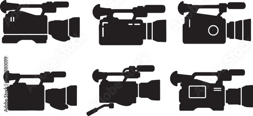 Black Solid Professional Event Camera Silhouettes Set of Six on White Background