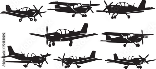 Black Solid Propeller Driven Trainer Aircraft Silhouettes Set of Six on White Background