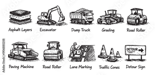 Hand drawn vector illustration featuring road construction machinery and equipment. Perfect for infographics, brochures, or educational materials about civil engineering.