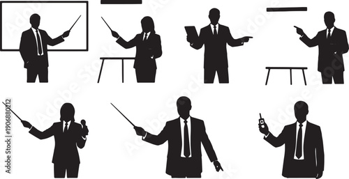 Black Solid Corporate Trainer Silhouettes Set of Six on White Background