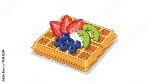 A delightful illustrated waffle breakfast featuring fresh strawberries, juicy blueberries, tangy kiwi slices, and a swirl of light whipped cream,