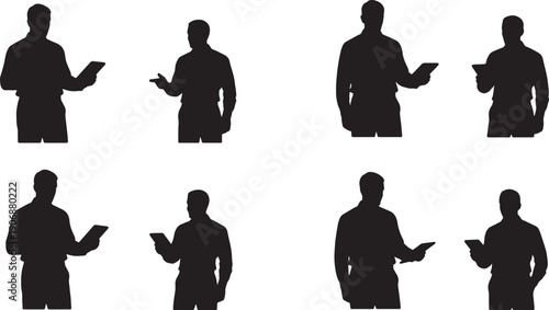 Black Solid Corporate Trainer with Tablet Silhouettes Set of Six on White Background