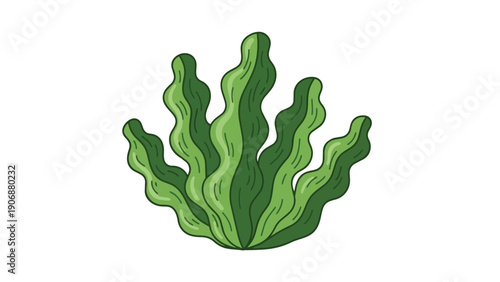 Stylized green aquatic plant illustration featuring flowing, wavy fronds in a charming cartoon style, perfect for ocean, water, and nature-themed