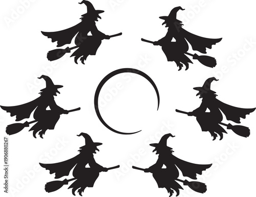 Black Solid Protective Flight Witch Silhouettes Set of Six on White Background