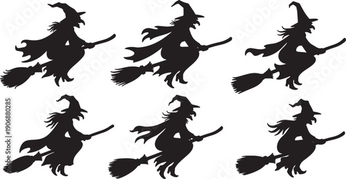Black Solid Crooked Broom Witch Silhouettes Set of Six on White Background