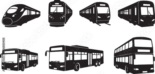 Black Solid Diverse Public Transportation Vehicle Silhouettes Set of Six on White Background