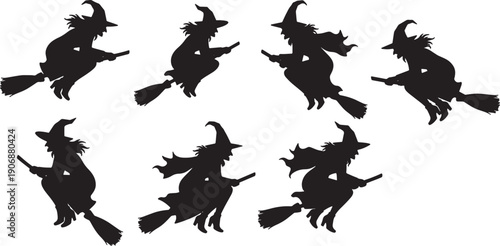 Black Solid Purposeful Descent Witch Silhouettes Set of Six on White Background