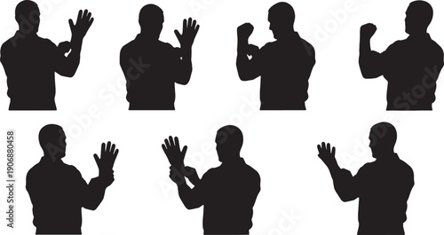 Black Solid Mechanic Putting Gloves Silhouettes Set of Six on White Background
