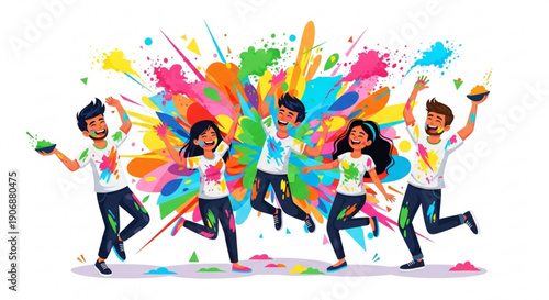 Happy people celebrating Holi festival with colorful powder splashes vibrant illustration for festive events and cultural celebrations isolat