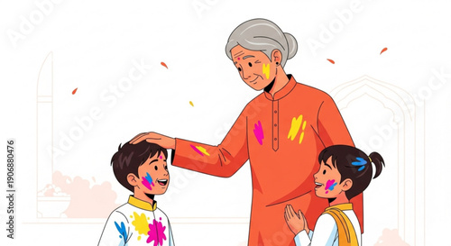 Grandmother with grandchildren celebrating Holi festival applying colors Indian culture family tradition vector illustration