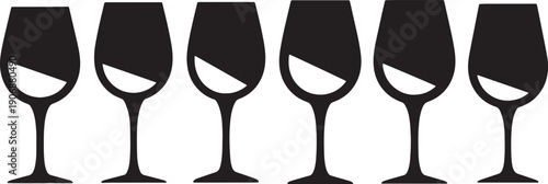 Black Solid Cut-Out Wine Glasses Silhouettes Set of Six on White Background