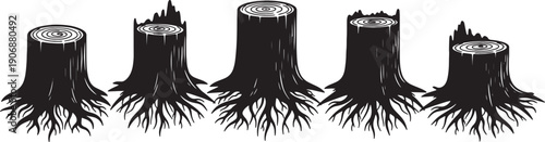 Black Solid Cut Tree Stump Silhouettes Set of Six on White Background
