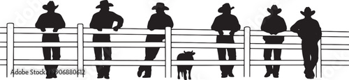 Black Solid Rancher Leaning on Fence Silhouettes Set of Six on White Background