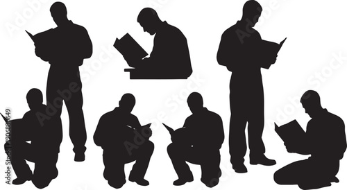 Black Solid Mechanic Reading Manual Silhouettes Set of Six on White Background