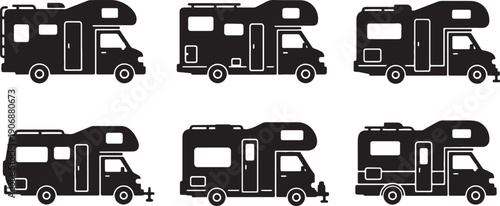 Black Solid Diverse Recreational Vehicle Silhouettes Set of Six on White Background