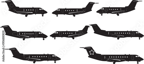 Black Solid Regional Jets Silhouettes Set of Six on White Background