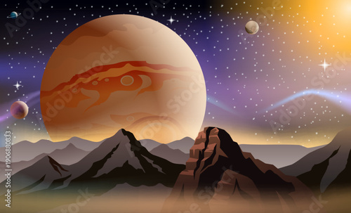 Night landscape with mountains and the moon. Vector illustration for your design