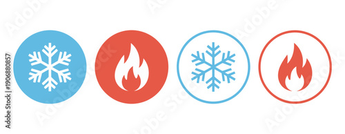 Hot and Cold Icon, Fire and Snowflake Temperature Control Sign for Heating and Cooling System Interface Button Design.