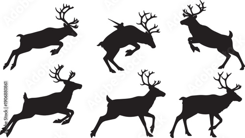 Black Solid Reindeer Agility and Quick Turns Silhouettes Set of Six on White Background