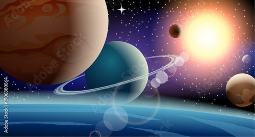 Background scene with planets in the space illustration for children and adults.
