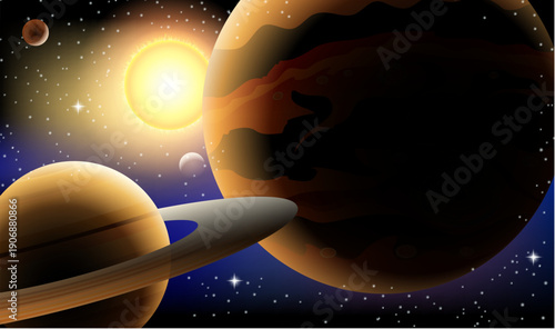 Background scene with planets in the space illustration for children and adults.