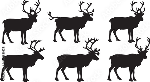 Black Solid Reindeer Antler Shedding Silhouettes Set of Six on White Background