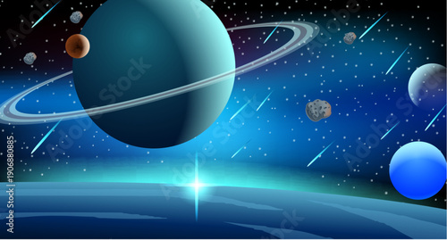 Illustration of a space scene with planets and stars in the background. vector