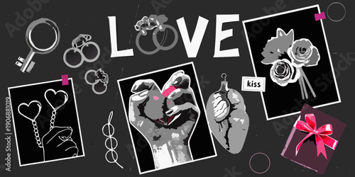 A collage of romantic symbols including hearts hands and the word love