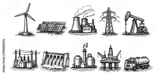 Hand-drawn illustration showcases various energy production methods: wind, solar, nuclear, hydro, oil, and transport. Perfect for educational materials, infographics, and energy-related content.